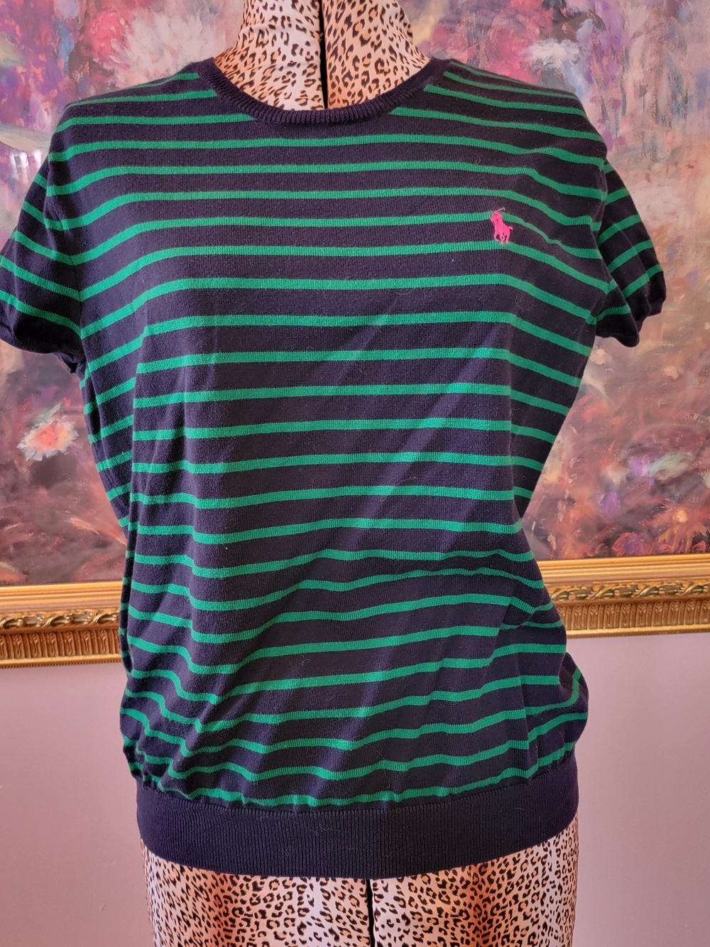 Ralph Lauren Green & Navy Striped Sweater Tee with Pink Pony